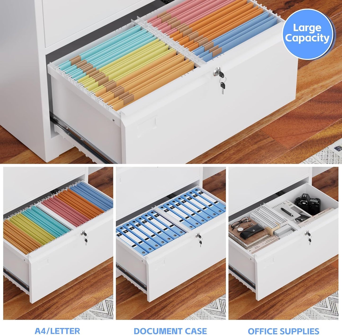 Metal 3 Drawer Lateral File Cabinet With 3 Lock - Wide Filing Cabinet For Letter Legal F4 A4 Hanging Files - Includes Business Card Holder,Home Office School Storage,White