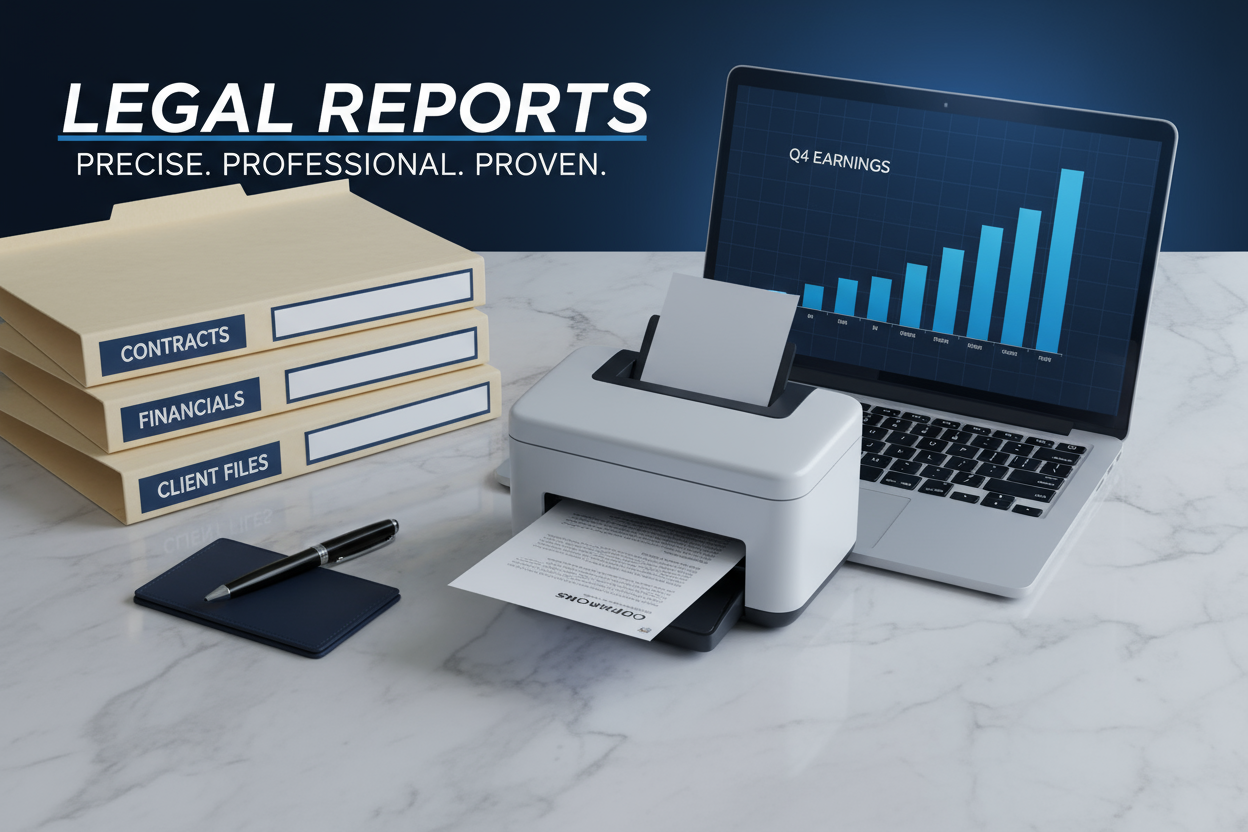 A sophisticated, clean, and highly organized hero banner for a professional office supply store called LEGAL REPORTS. The image should feature a close-up on a modern wooden or marble desk with highly organized items: a stack of neat, labeled file folders, a premium black pen, a sleek digital document scanner, and a clean laptop showing a digital data graph. The overall mood should be trustworthy, efficient, and precise. A deep navy blue color should dominate the lighting or accents. Aspect ratio 16:9.