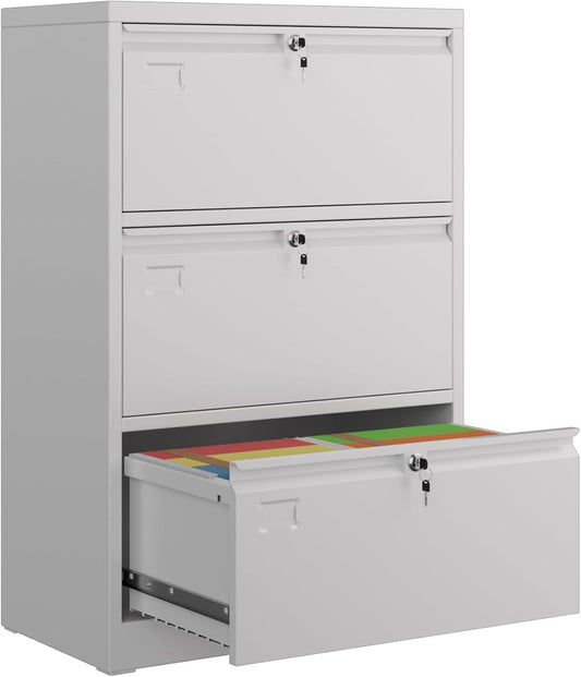 Metal 3 Drawer Lateral File Cabinet With 3 Lock - Wide Filing Cabinet For Letter Legal F4 A4 Hanging Files - Includes Business Card Holder,Home Office School Storage,White
